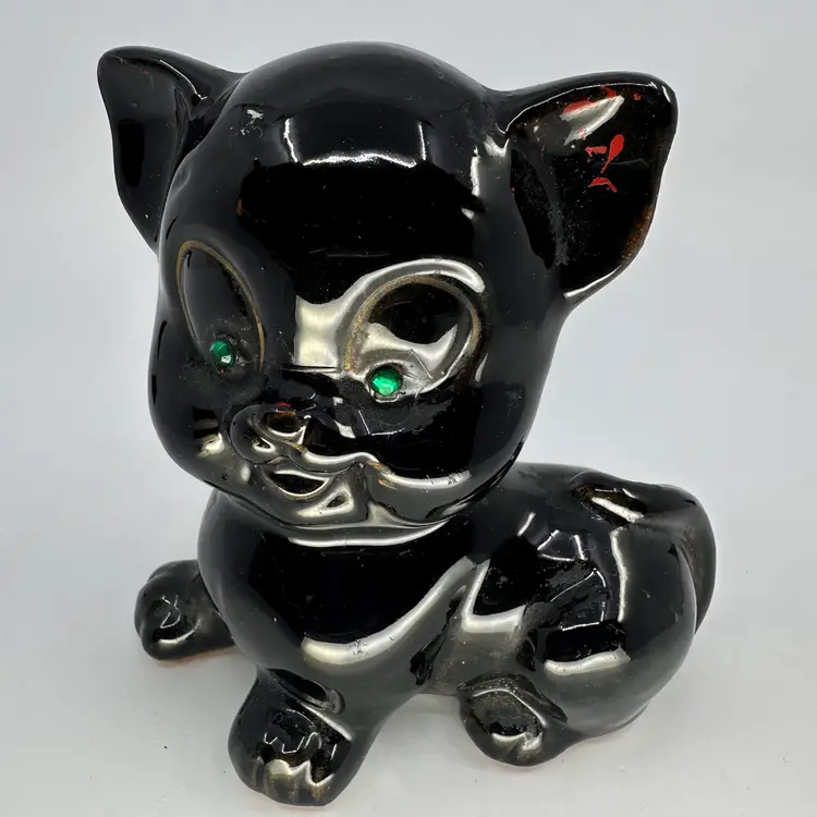 Vintage Ceramic Black Cat 50's Decor Figurine Hand-Painted Made In Japan
