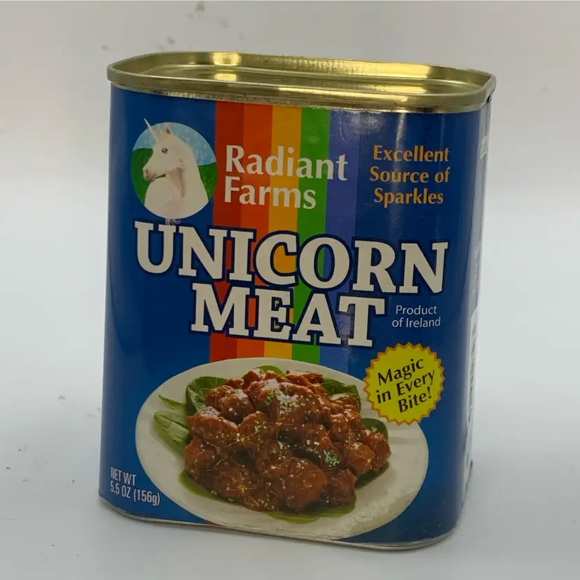Canned Unicorn Meat Radiant Farms. Gag Gift. Dated 2010