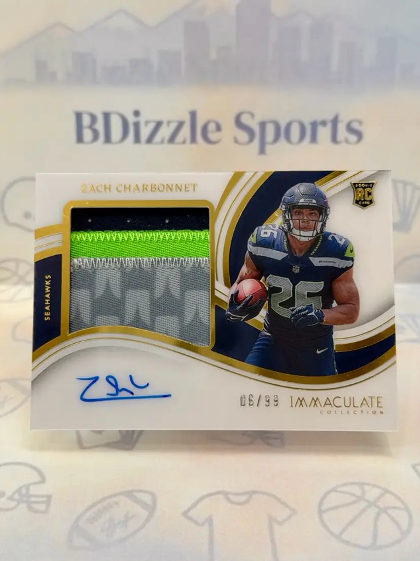2023 Panini Immaculate Collection Zach Charbonnet Premium Patch Rookie Autographs Emerald #PP-ZH MEM AU RC SN99