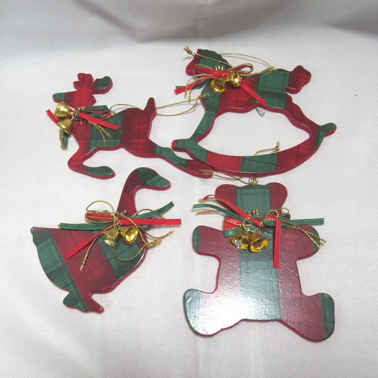 4 Pc Wooden Green & Red Plaid Animal Christmas Ornaments