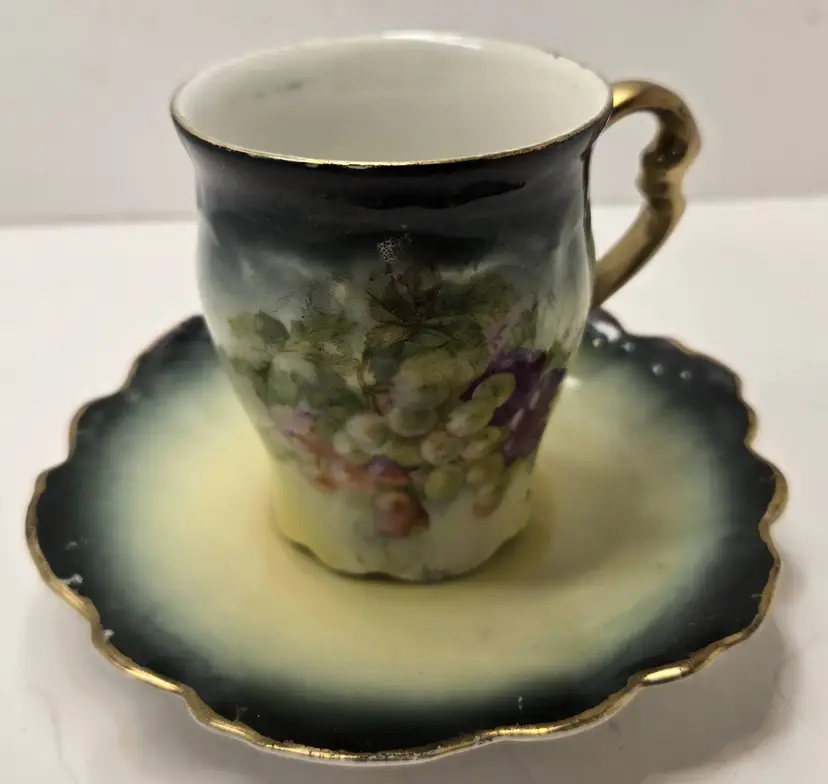 Vintage Hand-Painted German Teacup & Saucer - Grapes & Leaves Motif, Scalloped Gold Trim