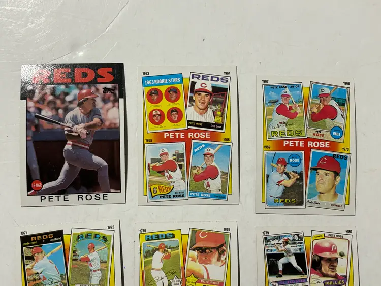 1986 Topps Pete Rose Cincinnati Reds Lot Of 9 Different Cards. 1, 2, 3, 4, 5 6, 7, 206, 741 EX