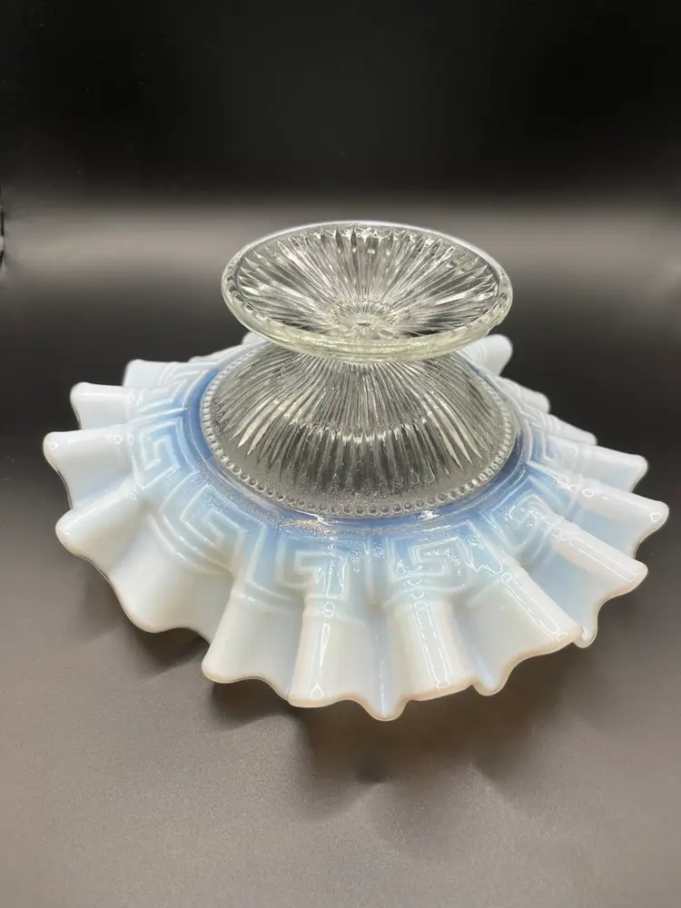 Antique 1910 Northwood Greek Key Opalescent Glass Ruffled Bowl