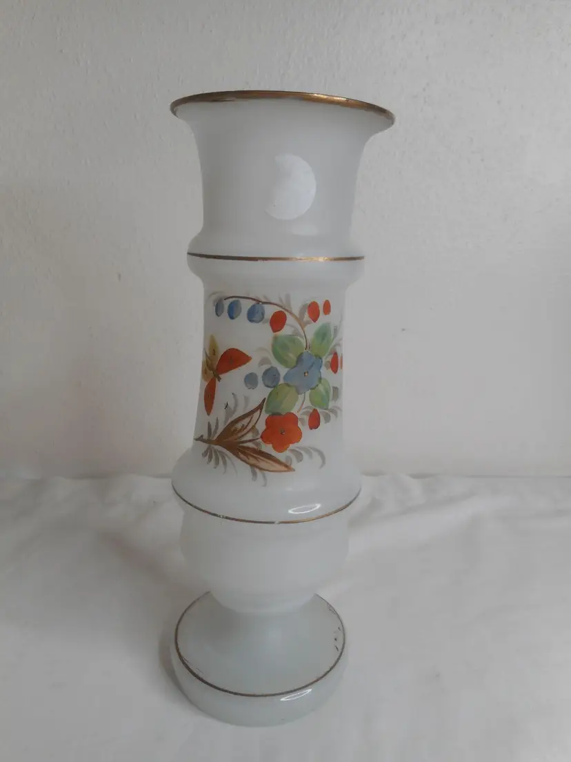 Vintage blown glass Handpainted White Opaline Floral Vase