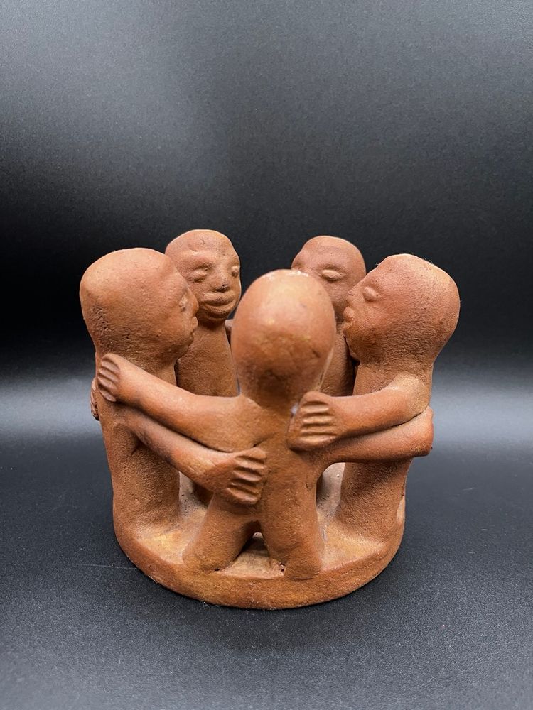 #35 Vintage Aztec Mayan Folk Art Terracotta Pottery “Circle Of Friends” Candle Holder 5.5” 🕯️