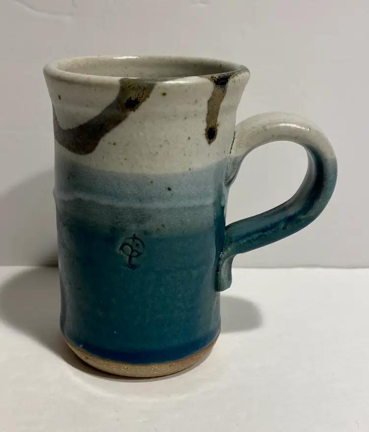 Art Pottery Coffee Mug Cup Artisan Made Blues Teals Grays Drip Glaze 