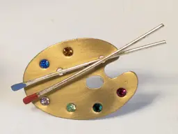 Vintage Large Gold Tone Copper Color Artist Palette Brooch Rhinestones Brushes