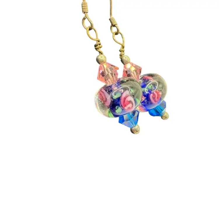 Sterling Silver Artisan Dichroic Glass Drop Pierced Earring - Pink Blue Flowers