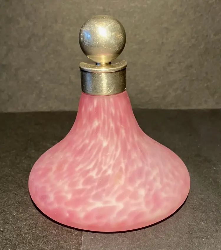 Vintage Satin Pink & White Swirled Perfume Bottle with metal stopper