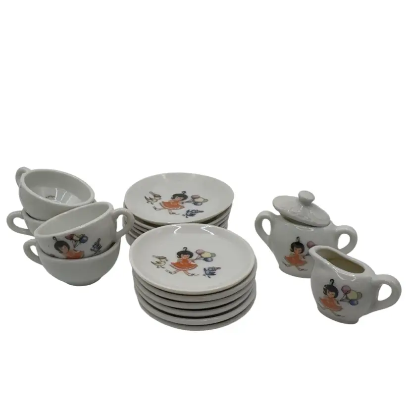 Dollhouse Dishes Made In Japan 6 Larger Plates 3”  + 6 Smaller Plates 2.75” + 4 Cups And Cream And Sugar. Lid Does Not Fit