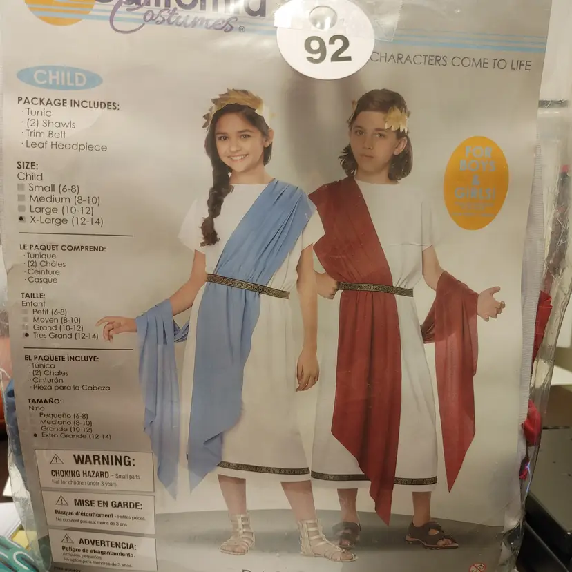 Child Costume- Toga. Also good for Church plays. Size- XL 12--14. Includes- tunic, 2 shawls, trim belt, leaf headpiece.