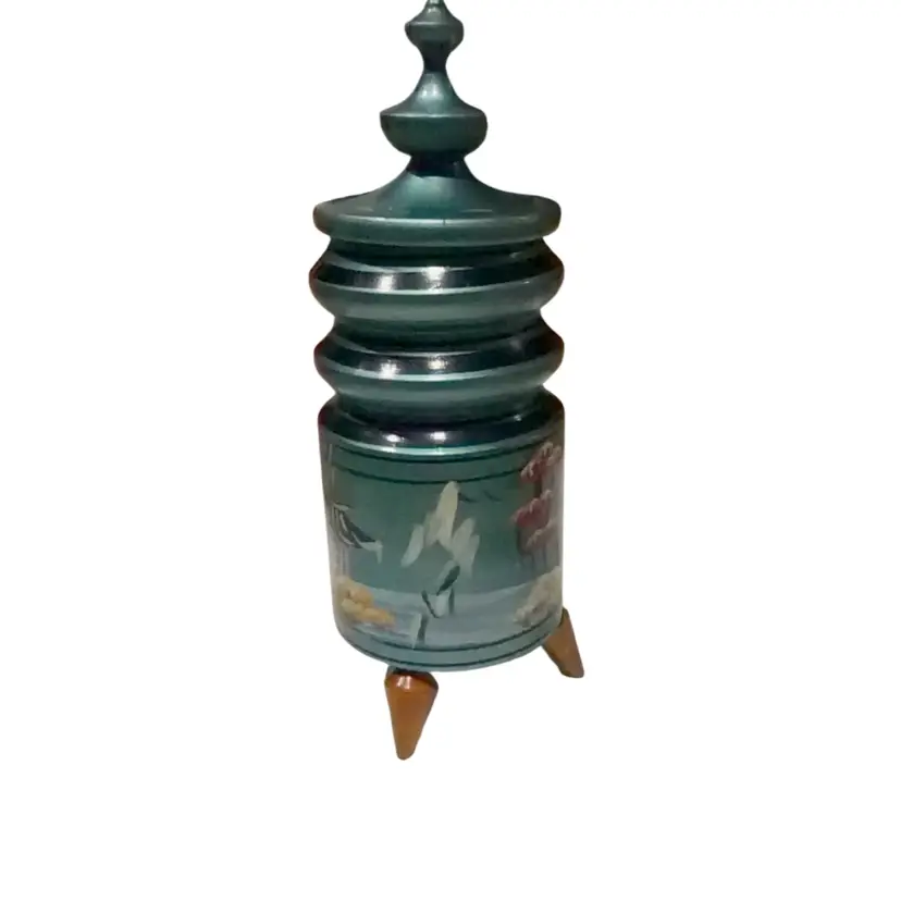 Mid-century Japanese lacquerware Turned Wood Toothpick Dispenser Holder With Lid Pagoda Blue Lusterware Lacquered
