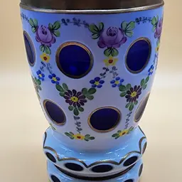 Antique Bohemian Czech Encased Cobalt Blue Peephole White Glass Gold Trim Vase