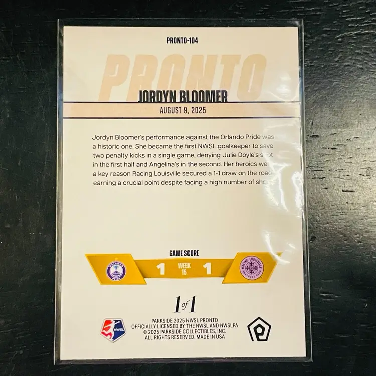 Jordyn Bloomer GOLD 1/1 2025 Parkside Pronto Soccer Card Racing Louisville