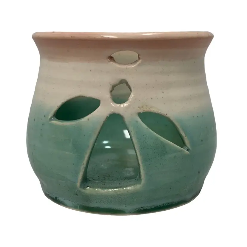 Handmade Pottery Tea Light Luminary With Cutout Angel. Pastel Colors Signed KH With Drawn Icthus. No Date
