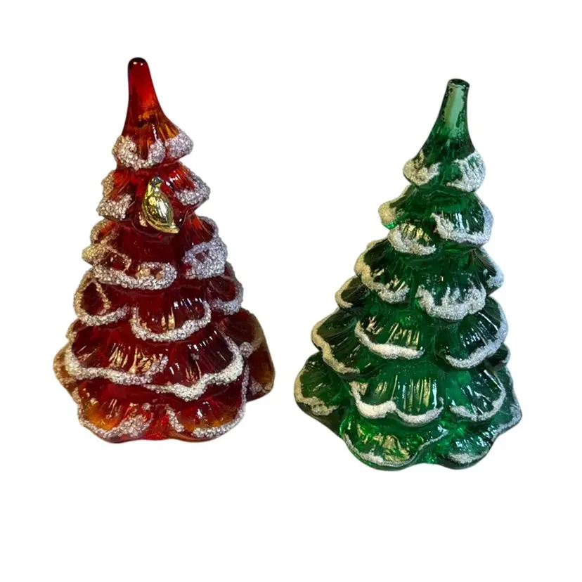 Fenton Pair Of 4” Sugar-Flocked Glass Christmas Trees - Ruby Red Amberina With Gold Partridge Glows! & Spruce Green