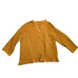 Handmade Kantha Tunic Muslin Cotton Gauze Top Short Sleeve Neutral Mustard S-M