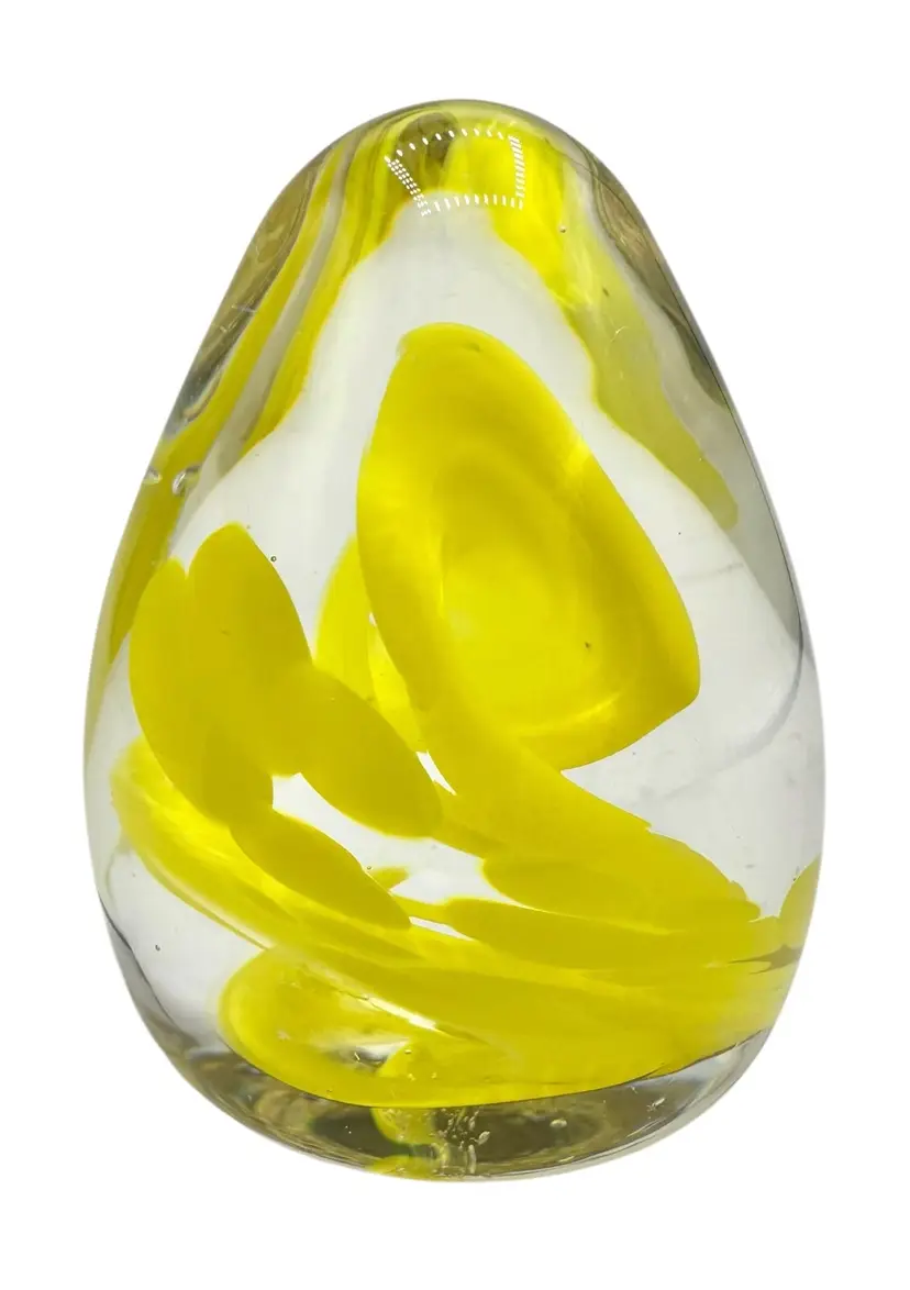 Signed RS Studio Art Glass Paperweight Egg Shaped Yellow Clear Swirl 1996 3”