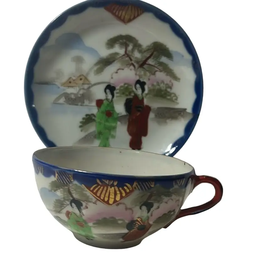 Vintage Tea Cup and Saucer Hand painted Eggshell Porcelain Scene With Geisha Girls
