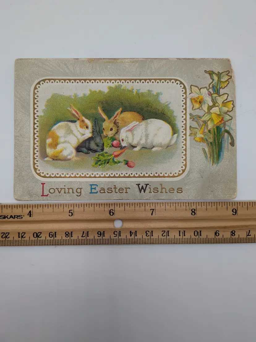 E118. Antique Loving Easter Wishes Postcard Bunnies Bunny Rabbits Flowers Embossed