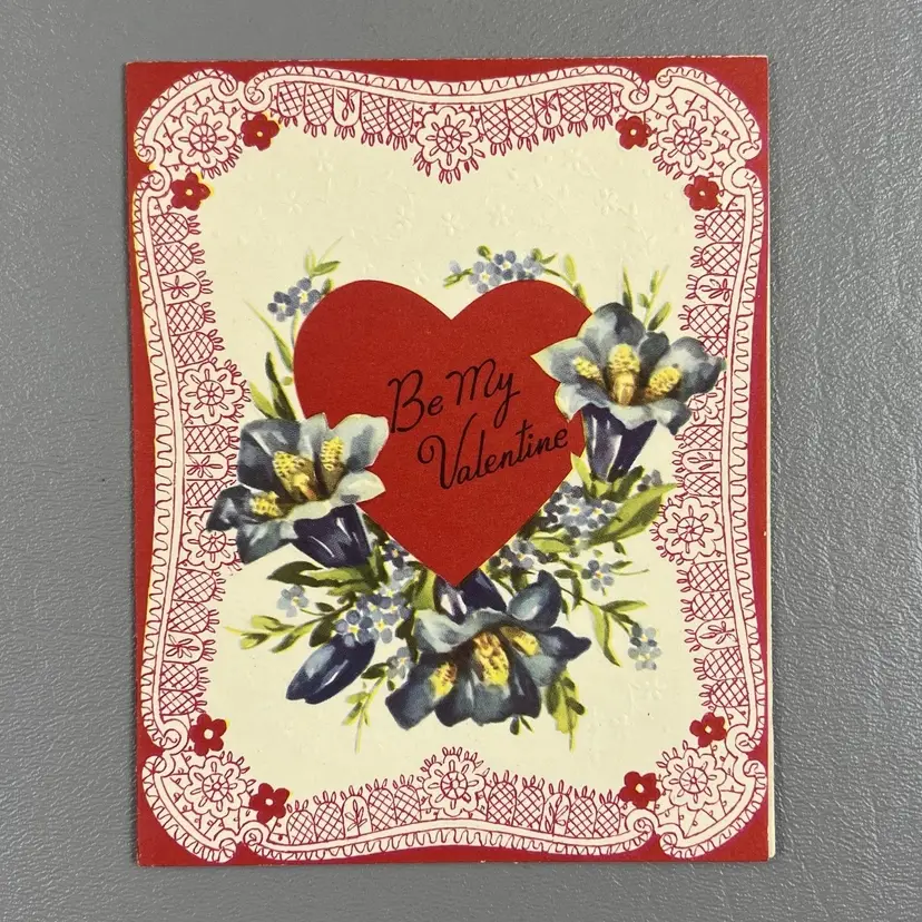 Vintage Valentine Card Heart Flowers Embossed Lilies A-Meri-Card 5"