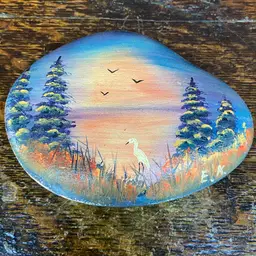 Hand Painted Rock. Sunrise Or Sunset By The Water. There Are Birds On It! Artist Signed E. K.