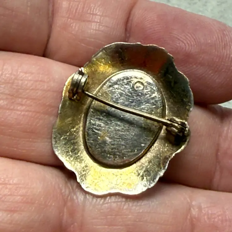 Vintage Genuine Carved Shell Embossed Floral Border Brooch Pin