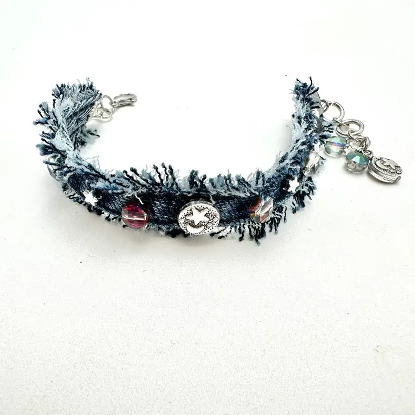 Moon And Stars Beaded Denim Bracelet Made By Me Silver Tone 8.5”L Adjustable