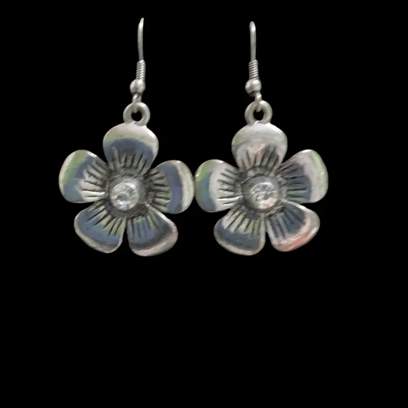 Vintage 1990s Sterling Silver Oxidize Pedal Floral Blossom Dangle Pierced Earrings . With Clear Glass Adorned Rhinestone Center. Been Tested Acid Twice & Magnetic Tested. Not Signed