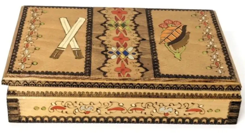 Vintage Folk Art Wood Burned Handpainted Pop-Out Cigarette Box