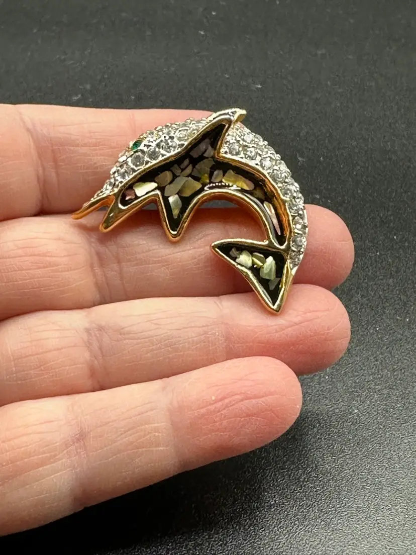 Vintage Dolphin Pin With Rhinestones & Mother Of Pearl Inlay