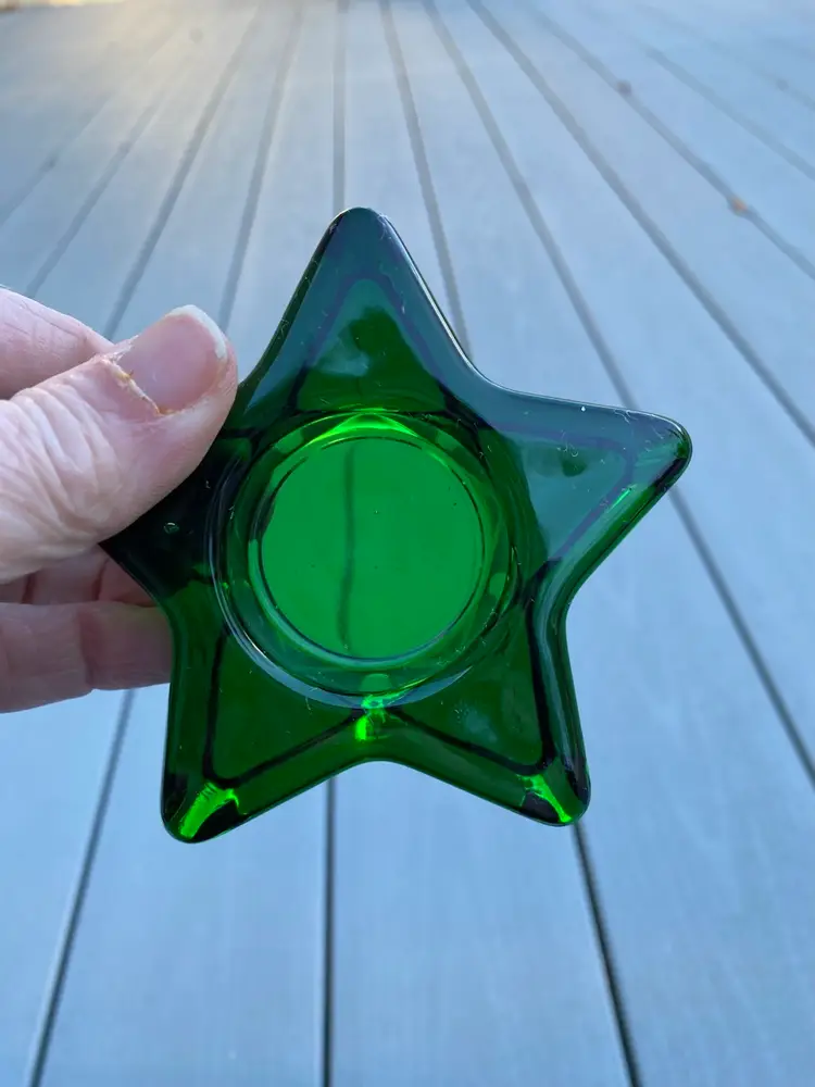 CRATE AND BARREL GREEN GLASS STAR CANDLE HOLDER