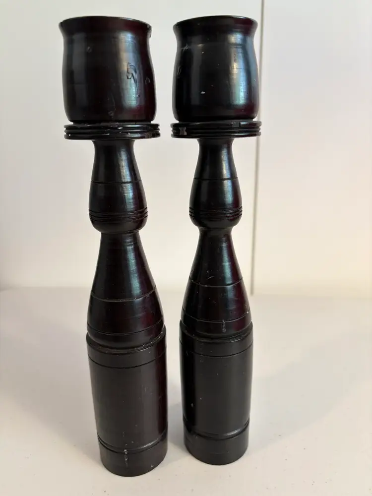 A Pair Of Vintage MCM Hand Turned Ironwood Candle Holders Black Hardwood Candlestick