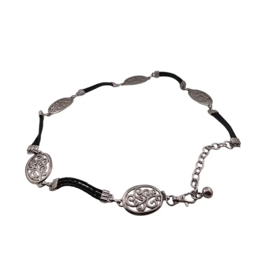 Vintage 1980's Southwest Style Necklace link belt - Black Faux Leather Silver tone