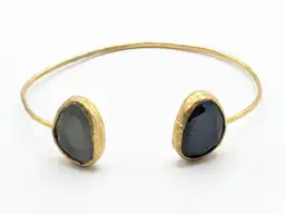 Gold Tone Open Cuff Bracelet with Black and Grey Stone Accents