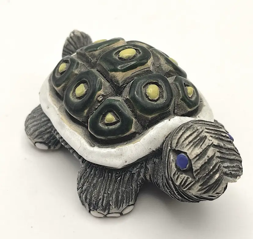 Vintage Artesania Rinconada Gray Turtle, Glazed Painted Accents In Green, Yellow, Blue and White. Nice Details!