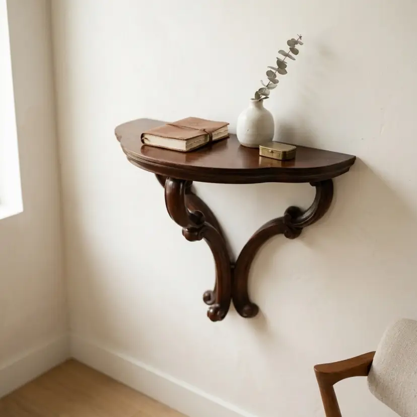 Vintage Wood Semi-Circular Wall Console Shelf Elegant Entryway Accent