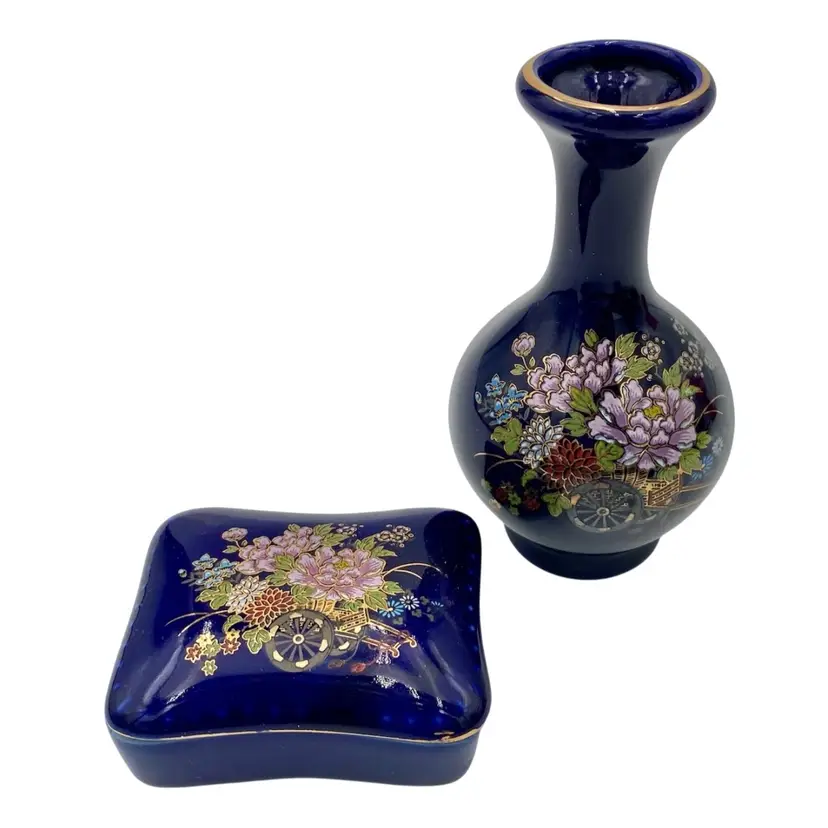 Pair - Vintage Cobalt Blue Porcelain Box & Vase, Japan, Pink Peonies Wheelbarrow