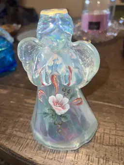 Vintage Fenton Glass Angel Hand Painted Flowers Signed,  Iridescent Clear Glass Beauty!