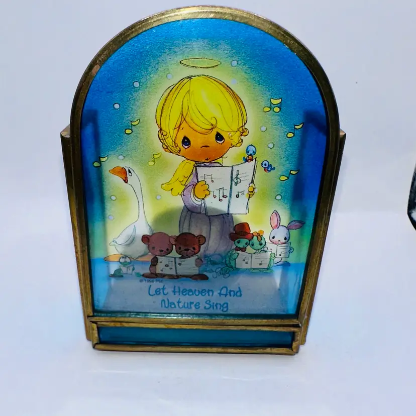 RARE Vintage Enesco Precious Moments Brass/Stained Glass Votive Candle Holder
