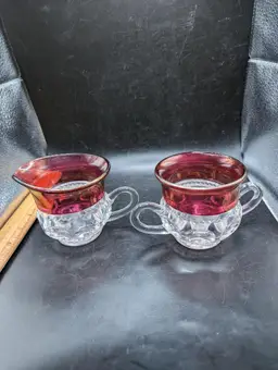Vintage King's Crown Thumbprint Ruby Red Glass Creamer and Sugar Set