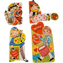 vintage Valentine's Day die-cut cards, likely from the 1930s to 1960s