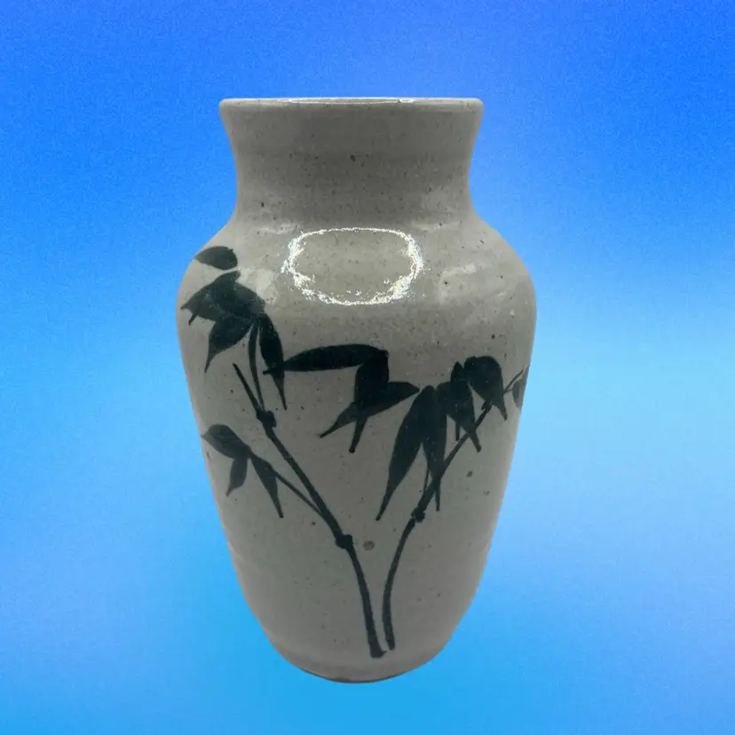 Handmade Signed Pottery Vase Speckled Clay With Green Hand Painted Plant Design