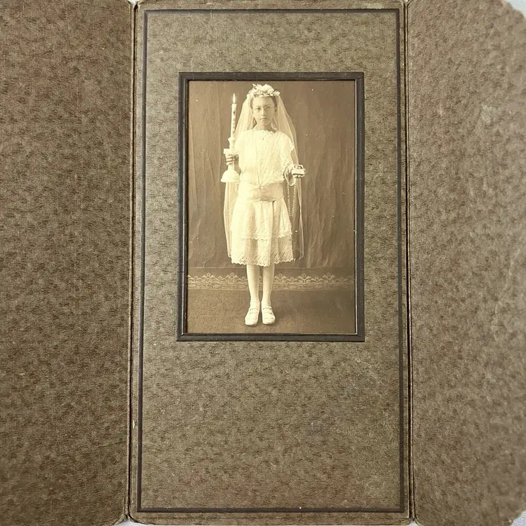 Antique Photo Young Girl First Holy Communion Confirmation Portrait Candle Bible Black & White