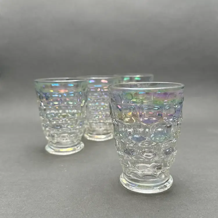 Vintage MCM Federal Glass “Yorktown Colonial” Footed Iridescent Thumbprint Juice Glasses.  Set of 4.