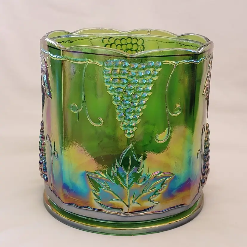 Carnival Glass Harvest Grape Iridescent Green Canister Jar NO Lid 8 Sided Vintage