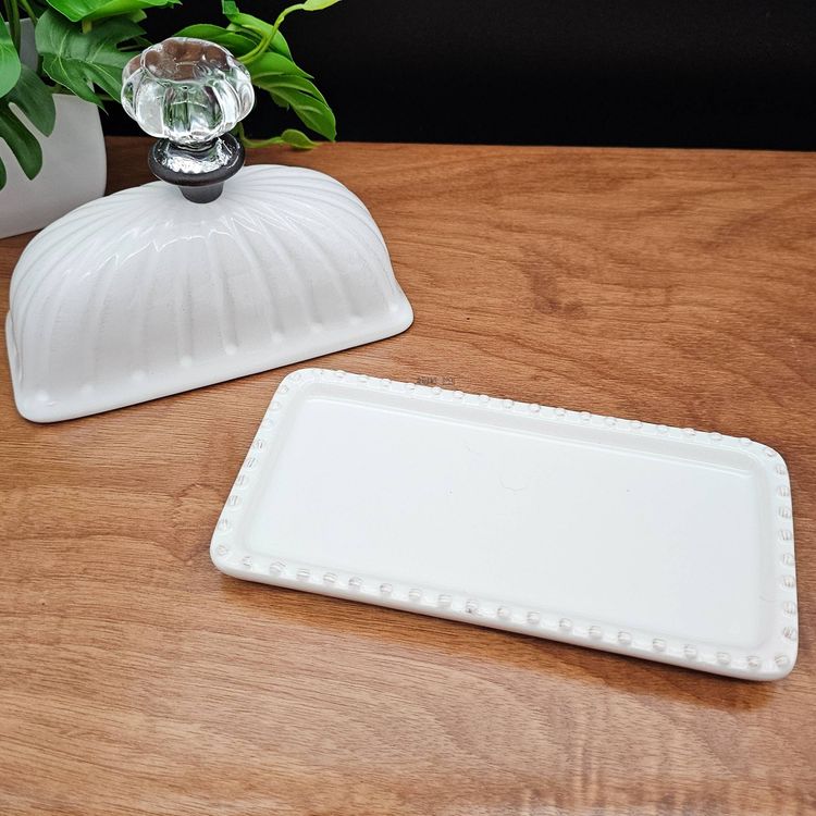 Mud Pie Fancy Door Knob Handle Lidded Butter Dish Creamy White Ceramic
