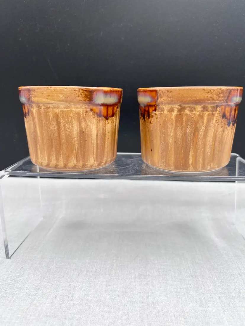Vintage Pair Of Sango Splash #4951 Ramekins In A Beautiful Caramel And Brown Drip Glaze
