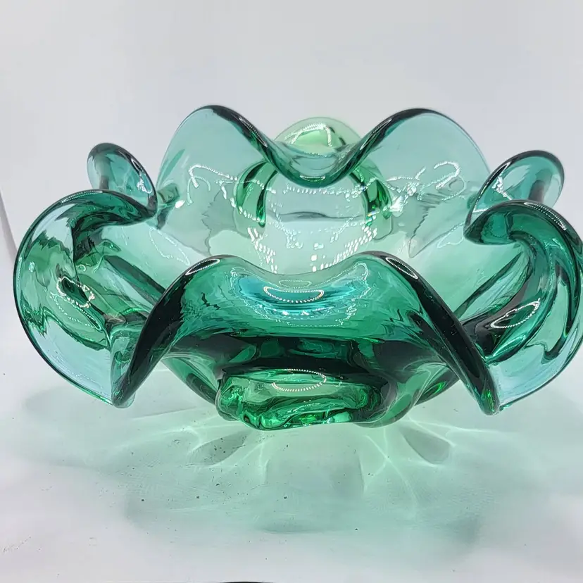 Vintage Murano Glass Barovier Flower Dish Rolled Edge Blue & Green 9" UV Reactive **read