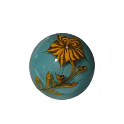The Bridgeton Studio Early Chris Buzzini Art Glass Paperweight - Signed & Numbered - Aqua Blue Interior With Clear Case Overlay & Yellow/Brown Flower & Vine - 3”